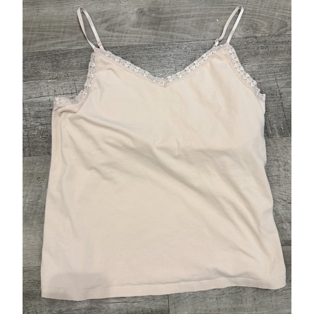 Vtg Esprit Knit Lace Trim Ruffle Cami Tank Top XL Built In Bra Nude Cream
